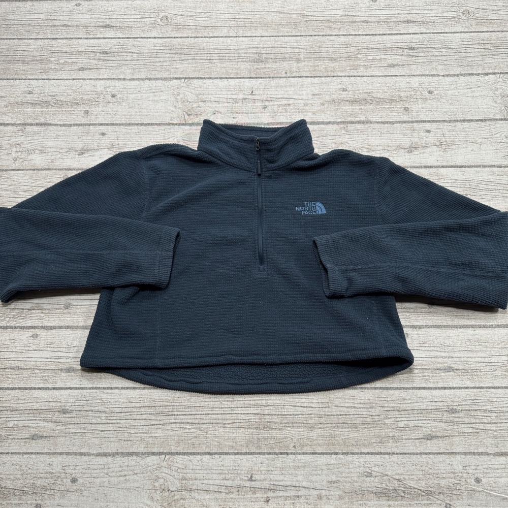 The North Face Sweater Mens Medium Navy Blue Waffle Knit Cropped Fleece Pullover